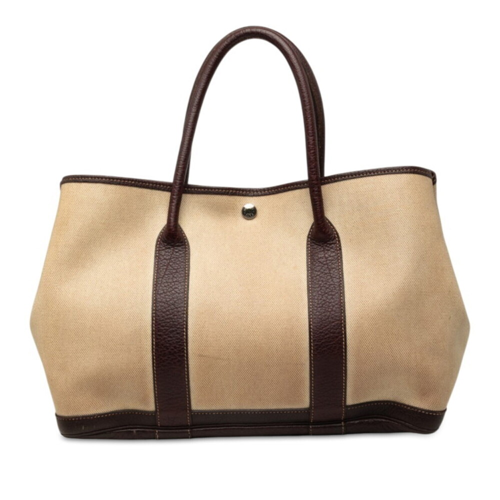 Hermes Garden Party PM Tote Bag, D stamp, Beige Brown Leather, Coated Toile H...